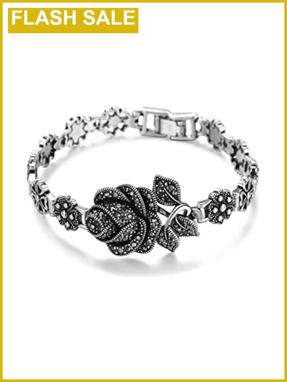 Vintage Chain Link Rose Flower Bangle Bracelet Alloy Metal Gift for Women